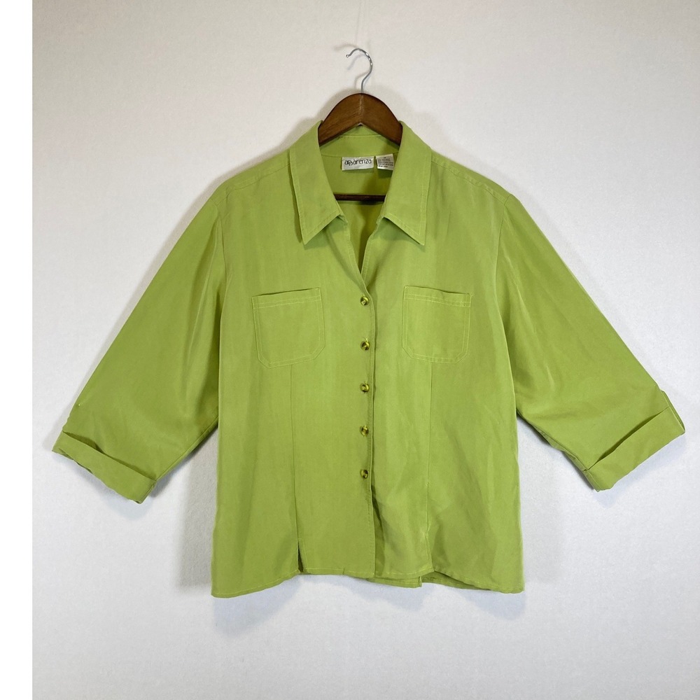 Retro Apparenza Women 1X Lime Green 3/4 Sleeve Button Up Blouse Pockets RN 58001